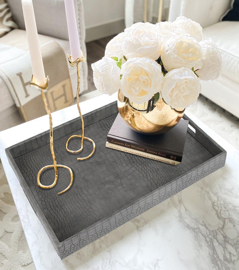 HofferRuffer Rectangle Serving Tray with Hole Handles for Coffee Table, Breakfast, Tea, Food, Butler - Countertop, Kitchen, Vanity Serve Tray, 16.2 x 12.2 x 2 inches, Faux Leather Tray (Dark Grey) - Image 5