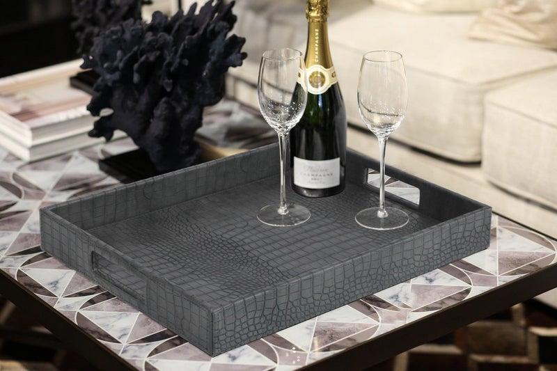HofferRuffer Rectangle Serving Tray with Hole Handles for Coffee Table, Breakfast, Tea, Food, Butler - Countertop, Kitchen, Vanity Serve Tray, 16.2 x 12.2 x 2 inches, Faux Leather Tray (Dark Grey) - Image 4