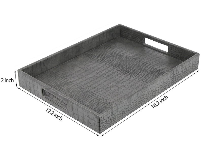 HofferRuffer Rectangle Serving Tray with Hole Handles for Coffee Table, Breakfast, Tea, Food, Butler - Countertop, Kitchen, Vanity Serve Tray, 16.2 x 12.2 x 2 inches, Faux Leather Tray (Dark Grey) - Image 2