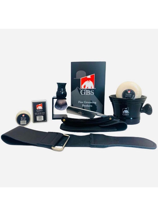 جي.بي.أس طقم حلاقة أنيق - ماكينة حلاقة مستقيمة جاهزة للحلاقة، وشحذ، وحافظة جلدية لماكينة الحلاقة المستقيمة، وكوب سيراميك، وفرشاة صناعية مع حامل، وشبة وصابون حلاقة، باللون الأسود - Image 1