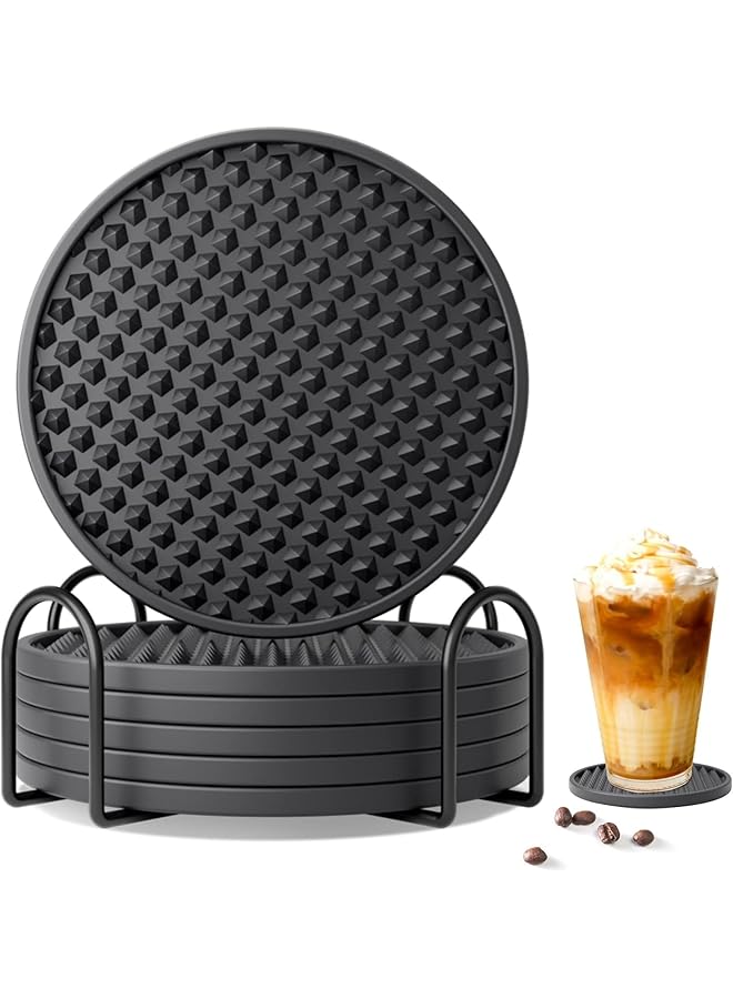 The Bros Silicone Drink Coasters Set of 6 with Holder, Non-slip Coasters for Tabletop Protection, Dishwasher Safe Coasters for Drinks Fits Any Size of Drinking Glasses (Black) - Image 1