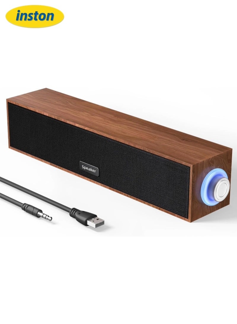 inston Computer Speakers,Wooden Multimedia Digital Speaker,USB Powered 3.5mm AUX PC Speakers,Surround Sound Portable Computer Sound Bar Speaker for Desktop Laptop (Brown) - Image 1