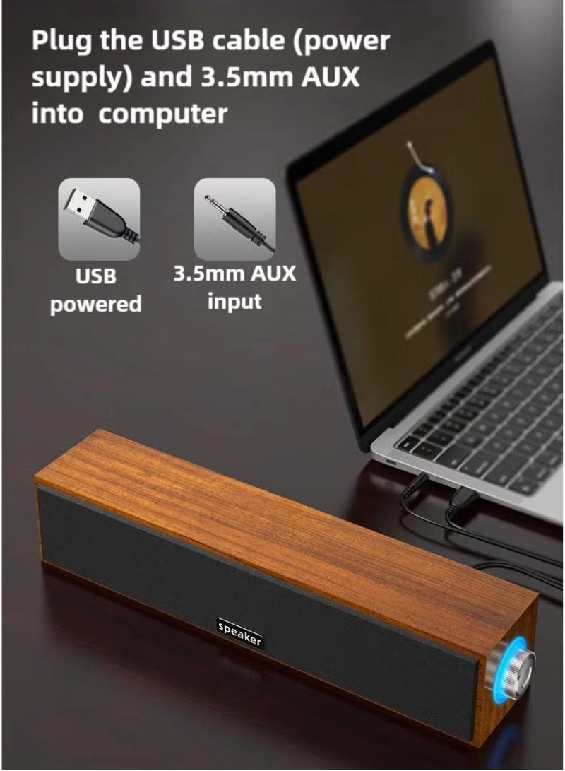 inston Computer Speakers,Wooden Multimedia Digital Speaker,USB Powered 3.5mm AUX PC Speakers,Surround Sound Portable Computer Sound Bar Speaker for Desktop Laptop (Brown) - Image 4