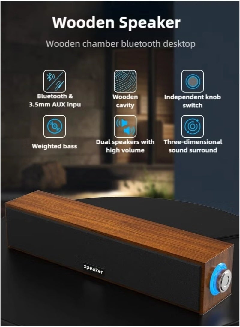 inston Computer Speakers,Wooden Multimedia Digital Speaker,USB Powered 3.5mm AUX PC Speakers,Surround Sound Portable Computer Sound Bar Speaker for Desktop Laptop (Brown) - Image 3
