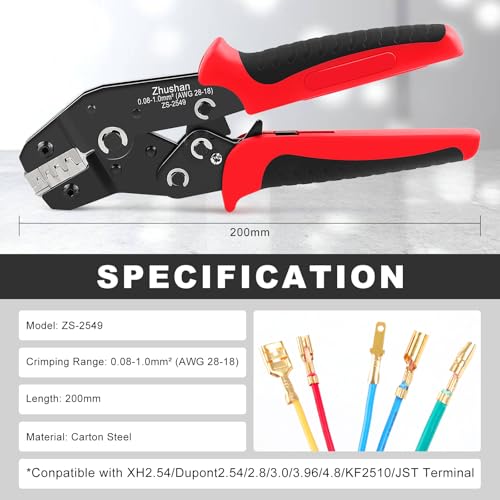 Zhushan ZS-2549 Precision Ratcheting Crimping Tool for JST, Molex, Dupont Terminals – Fits ZH 1.5mm, PH 2.0mm, XH 2.5mm, VH 3.96mm, Dupont 2.54mm, AWG 28-18 (0.08-1.0mm²) – Professional Wire Crimper - Image 2