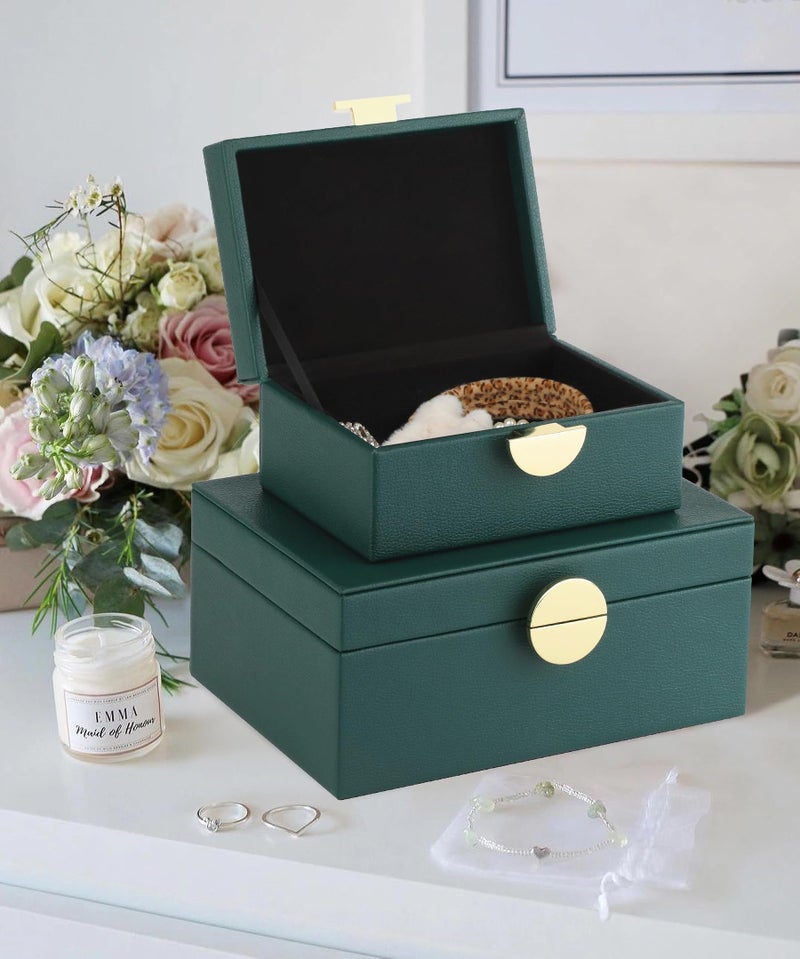 HofferRuffer Faux Leather Jewelry Boxes, Decorative Boxes Storage Accessory Organizer with Gold Hardware Decor, Classic Vegan Leather Set of 2 Pieces (Green) - Image 3