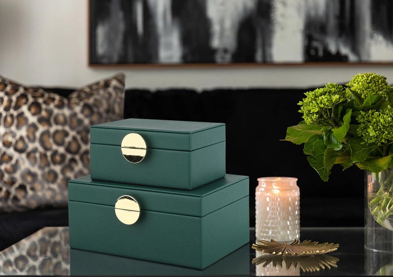 HofferRuffer Faux Leather Jewelry Boxes, Decorative Boxes Storage Accessory Organizer with Gold Hardware Decor, Classic Vegan Leather Set of 2 Pieces (Green) - Image 5