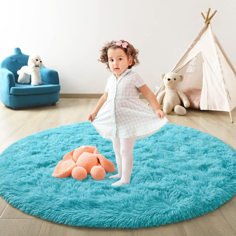FlyDOIT Blue Round Rug for Bedroom Super Fluffy Circle Rugs for Baby Nursery 5X5 Feet Furry Carpet for Children Kids Room Cute Soft Shaggy Rug for Girls Home Decor Fuzzy Plush Carpets for Dorm