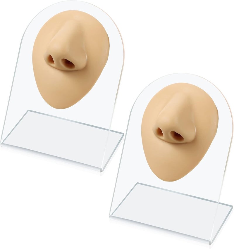 Cindeer 2 Pcs Flexible Silicone Nose Model Reused Soft Nose Mold Fake Nose for Earrings Jewelry Display Rubber Nose for Piercing Practice with Acrylic Stand (Skin Color, Nose Style) 