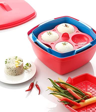 myps Plastic Idli Maker Makes 8 idlis Microwave Dhokla Maker Vegetable Steamer Rice Cooker Microwave Dishwasher Safe Full Big Set Multicolour - Image 2