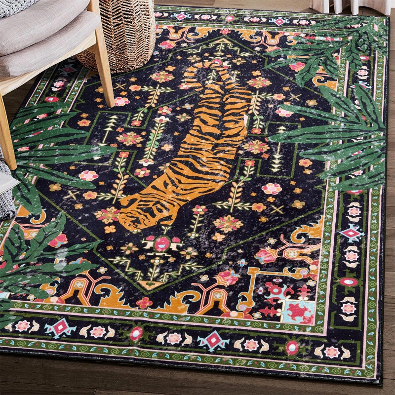 Aldopein Oriental Tropical Washable Rugs, Stain Resistant Black Boho Vintage Hippie 6x9 Area Rugs for Dining Living Room Office Dorm Entryway, Abstract Botanical Tribal Indian Accent Bedroom Carpet - Image 1