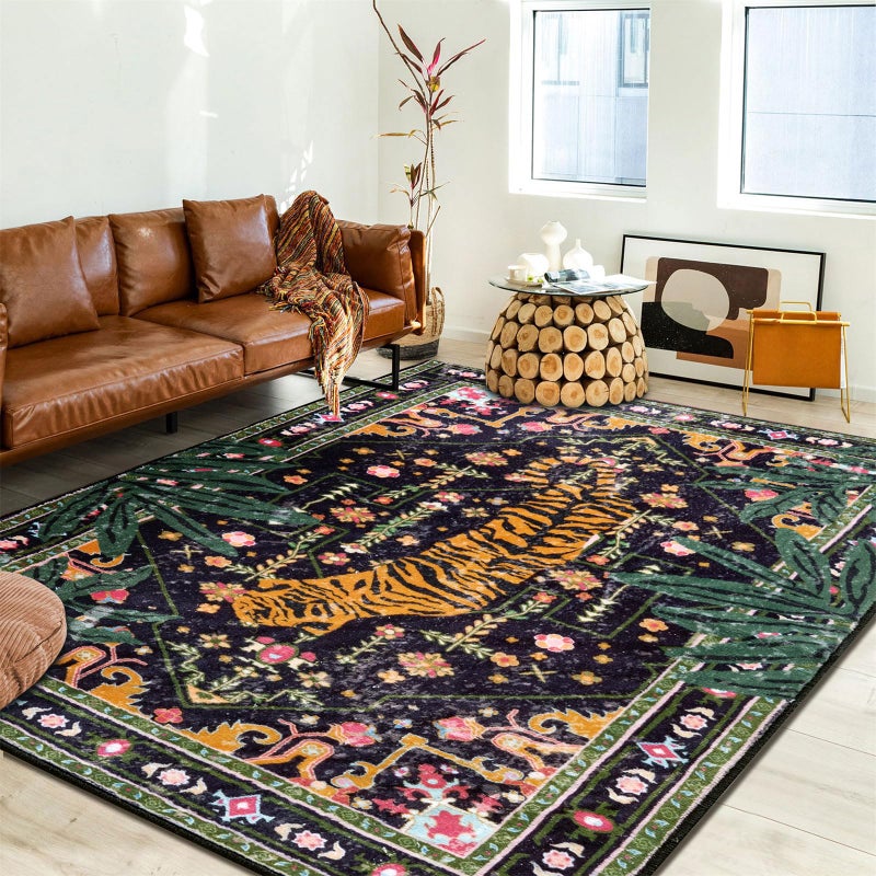 Aldopein Oriental Tropical Washable Rugs, Stain Resistant Black Boho Vintage Hippie 6x9 Area Rugs for Dining Living Room Office Dorm Entryway, Abstract Botanical Tribal Indian Accent Bedroom Carpet - Image 2