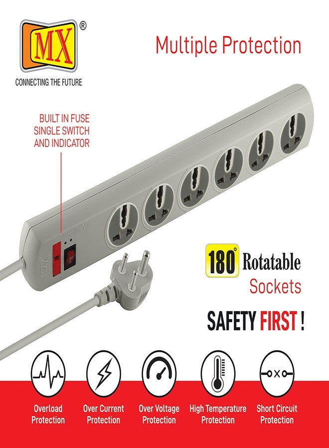 MX 180° Rotatable 6 Universal Socket Spike‑Guard Power Strip - Master Switch, Fuse & LED Indicator, 250 V/10 A, 1.5  Meters Extension Board - Image 4