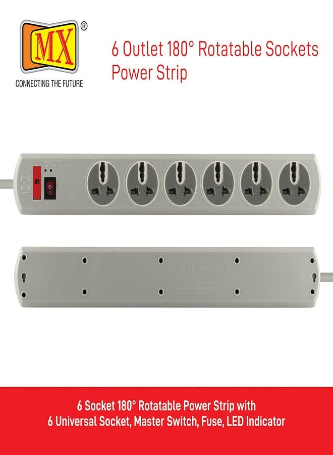 MX 180° Rotatable 6 Universal Socket Spike‑Guard Power Strip - Master Switch, Fuse & LED Indicator, 250 V/10 A, 1.5  Meters Extension Board - Image 2