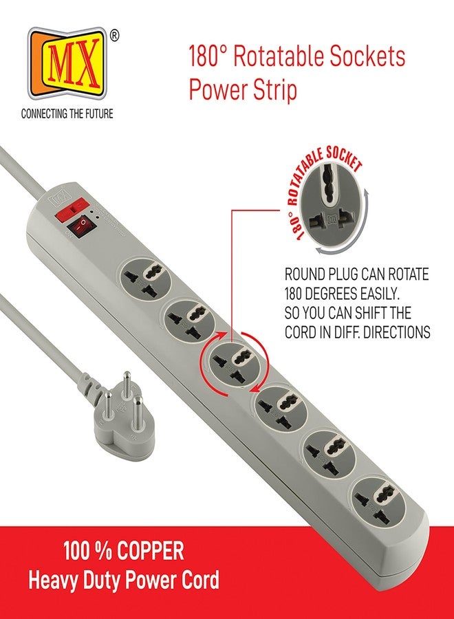 MX 180° Rotatable 6 Universal Socket Spike‑Guard Power Strip - Master Switch, Fuse & LED Indicator, 250 V/10 A, 1.5  Meters Extension Board - Image 5