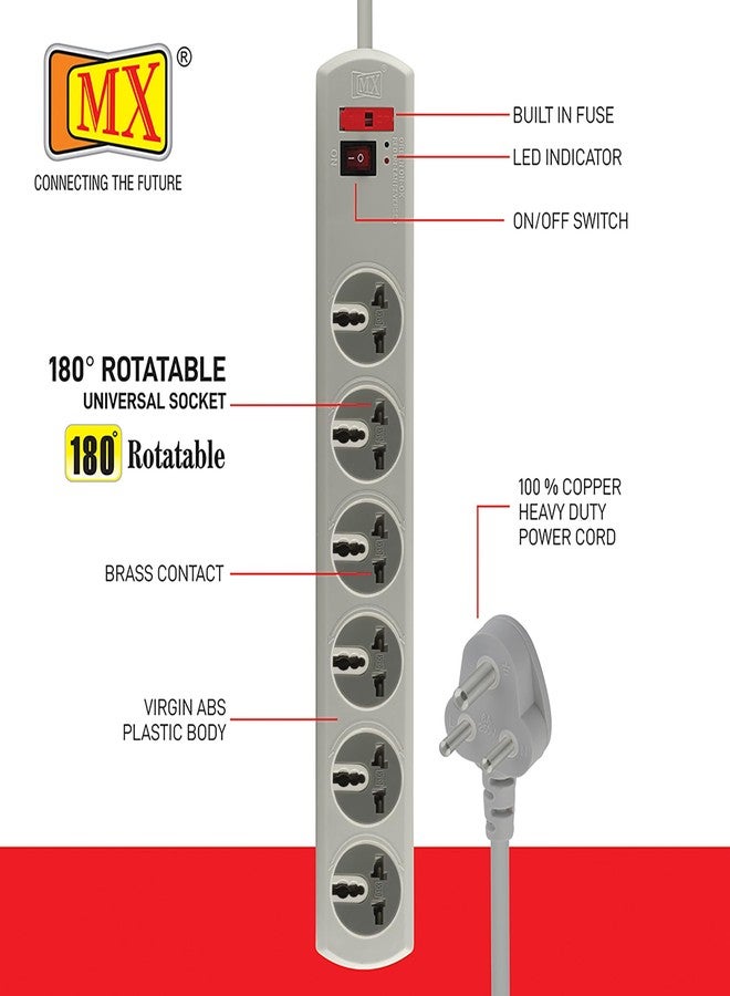 MX 180° Rotatable 6 Universal Socket Spike‑Guard Power Strip - Master Switch, Fuse & LED Indicator, 250 V/10 A, 1.5  Meters Extension Board - Image 3