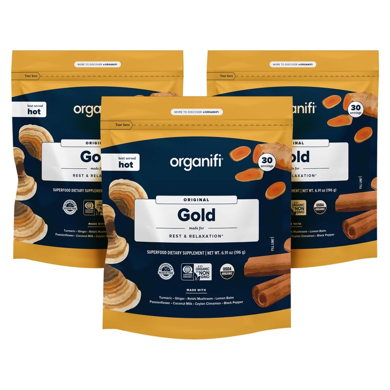 Organifi Organifi Gold Superfood Supplement Powder 90 Servings 3 Pack Stress Support Better Rest Relaxation and Promotes Restful Sleep Turmeric and Reishi Infused