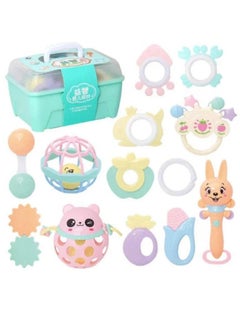 A box containing 13 pieces of silicone teethers and rattles in cheerful shapes and colors that help develop your child's skills.