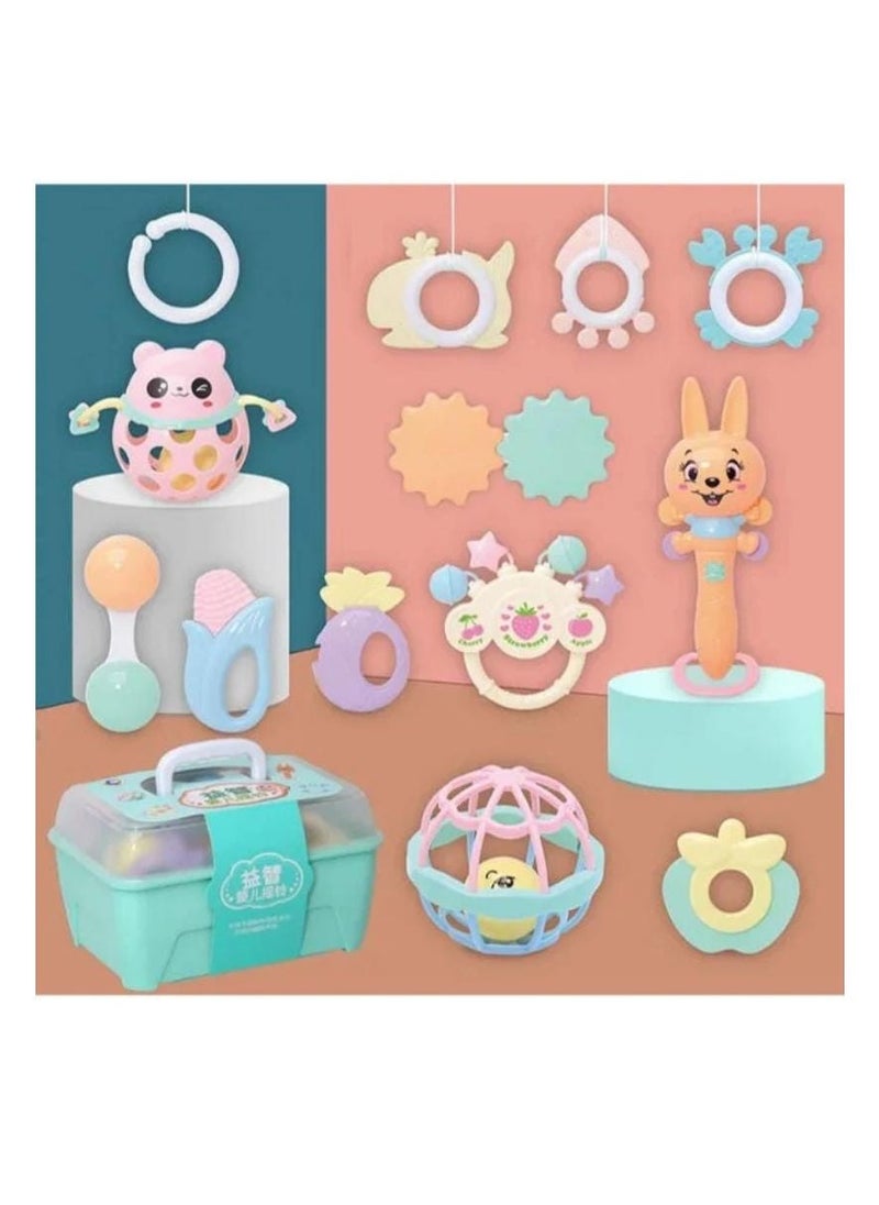 Generic - A box containing 13 pieces of silicone teethers and rattles in cheerful shapes and colors that help develop your child's skills. - Image 1