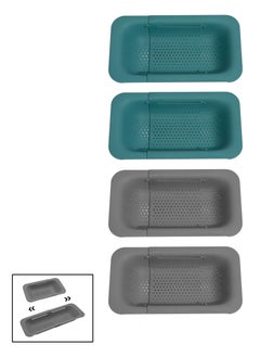 Teuuea 4 Pieces Adjustable Dish Drying Rack, Extendable Kitchen Sink Drain Basket Drainer Strainer, Stackable Retractable Portable Over the Sink Colander Organizer, for Vegetable Fruit (Green and Gray)  - Image 1