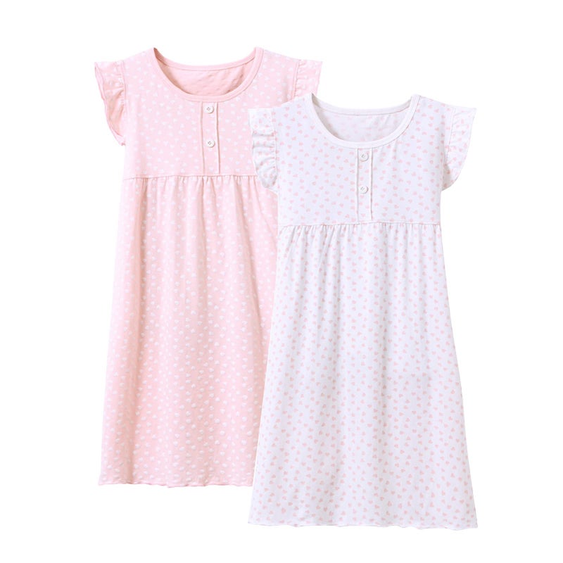 BANGSAUR Girls' Dress Set Cotton Sleepshirts, Heart Print Princess Daily Dress, 2-Pack Casual Dress Girl 3-12 Years - Image 1