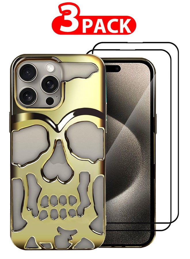 CATANES 3 Packs For iPhone 15 Pro Max Case and 2 Screen Protectors 3D Hollow Skull Breathable Phone Case Luxury Plating Colorful Matte Shockproof Cover Ultra Thin Full Surround Anti-Fall Case Gold - Image 1