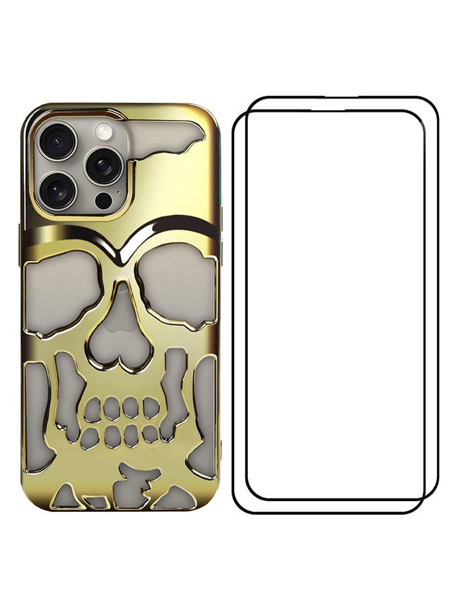 CATANES 3 Packs For iPhone 15 Pro Max Case and 2 Screen Protectors 3D Hollow Skull Breathable Phone Case Luxury Plating Colorful Matte Shockproof Cover Ultra Thin Full Surround Anti-Fall Case Gold - Image 2