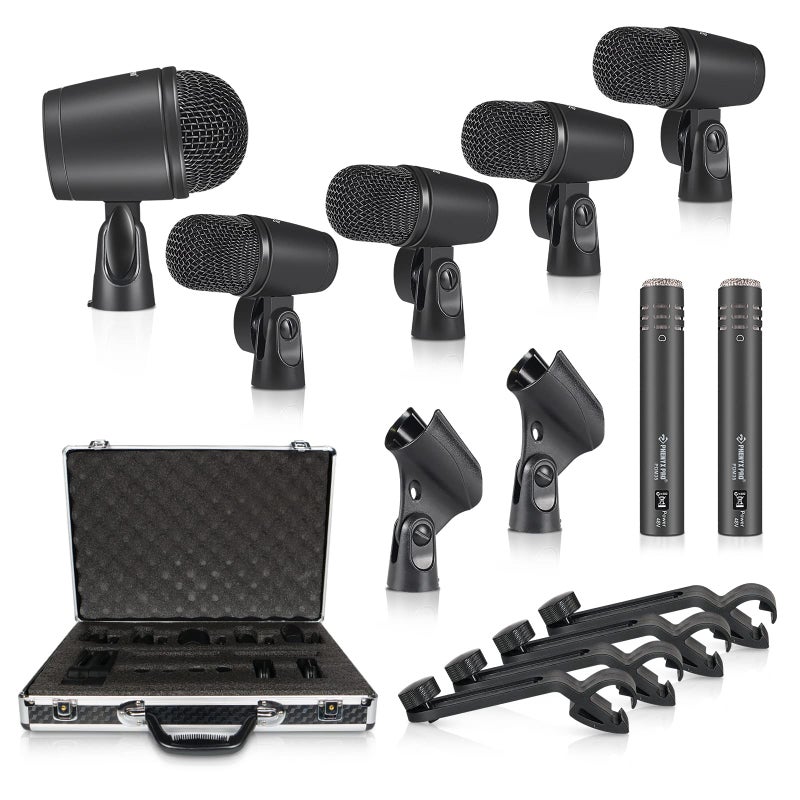 Phenyx Pro Drum Microphone Kit 7Piece Full Metal Wired Dynamic Mic Set for BassTomSnareHihat Cymbals with Carrying Case Holders and Threaded Clips PTD10