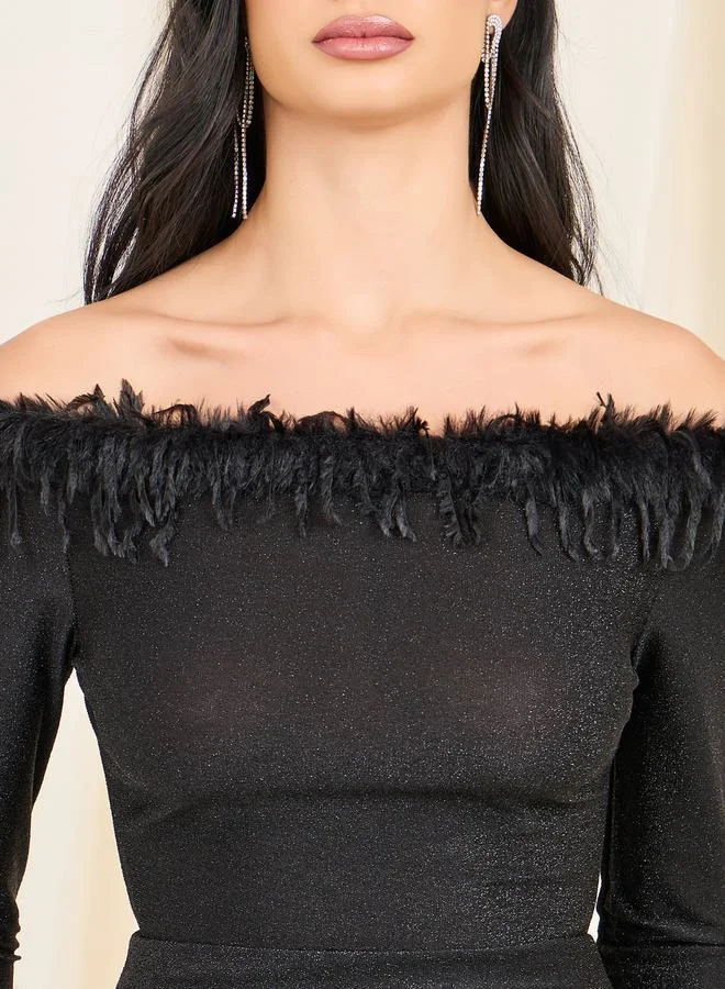 Styli Faux Feather Trim Off Shoulder Glittered Bodycon Dress