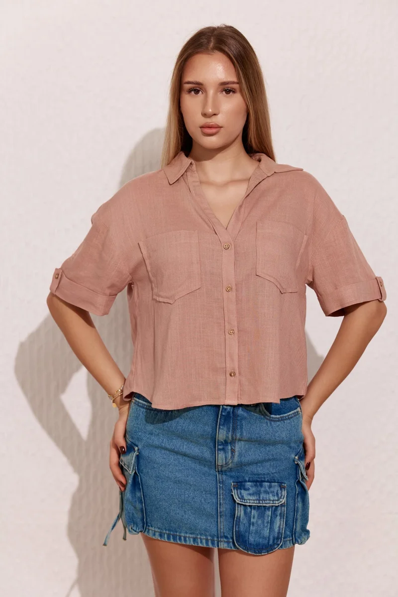 Virgio Solid Linen Collared Shirt With Boxy Fit for Women