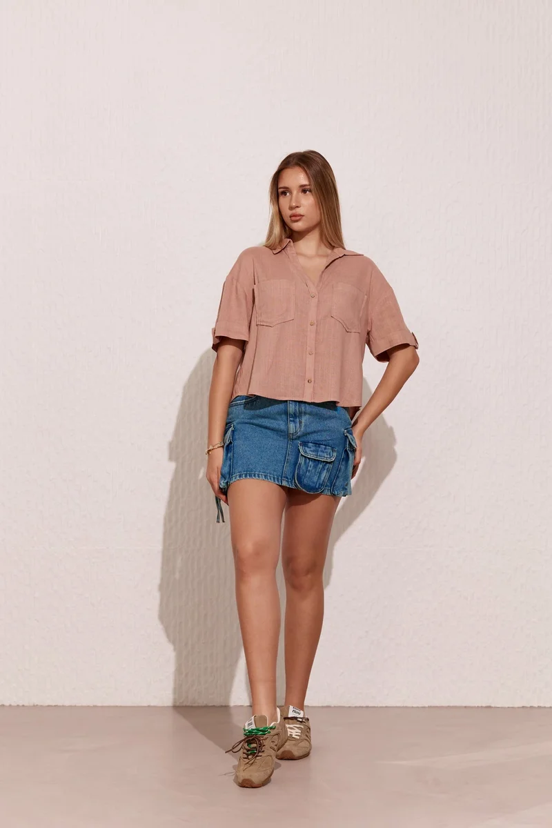 Virgio Pink Solid Linen Collared Shirt With Boxy Fit for Women for Women | Best Price UAE