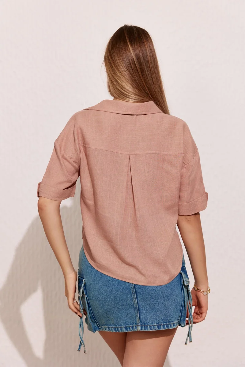 Virgio Pink Solid Linen Collared Shirt With Boxy Fit for Women for Women | Best Price UAE