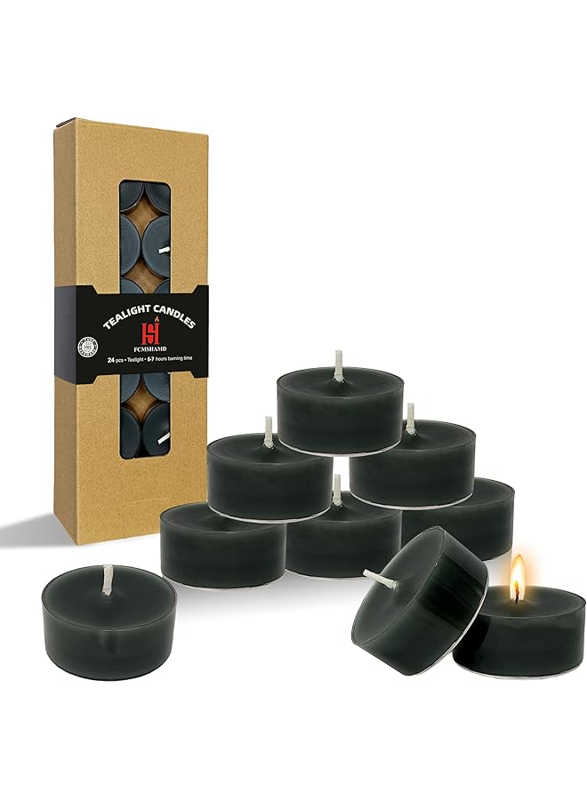 Sandalwood Scented Tealight Candles, Black Scent Tea Lights Candles Clear Cup, 24 Pack Colored Tealights Candle, 5 Hour Burn Time Tea Candles for Party, Decor, Spa, Shabbat