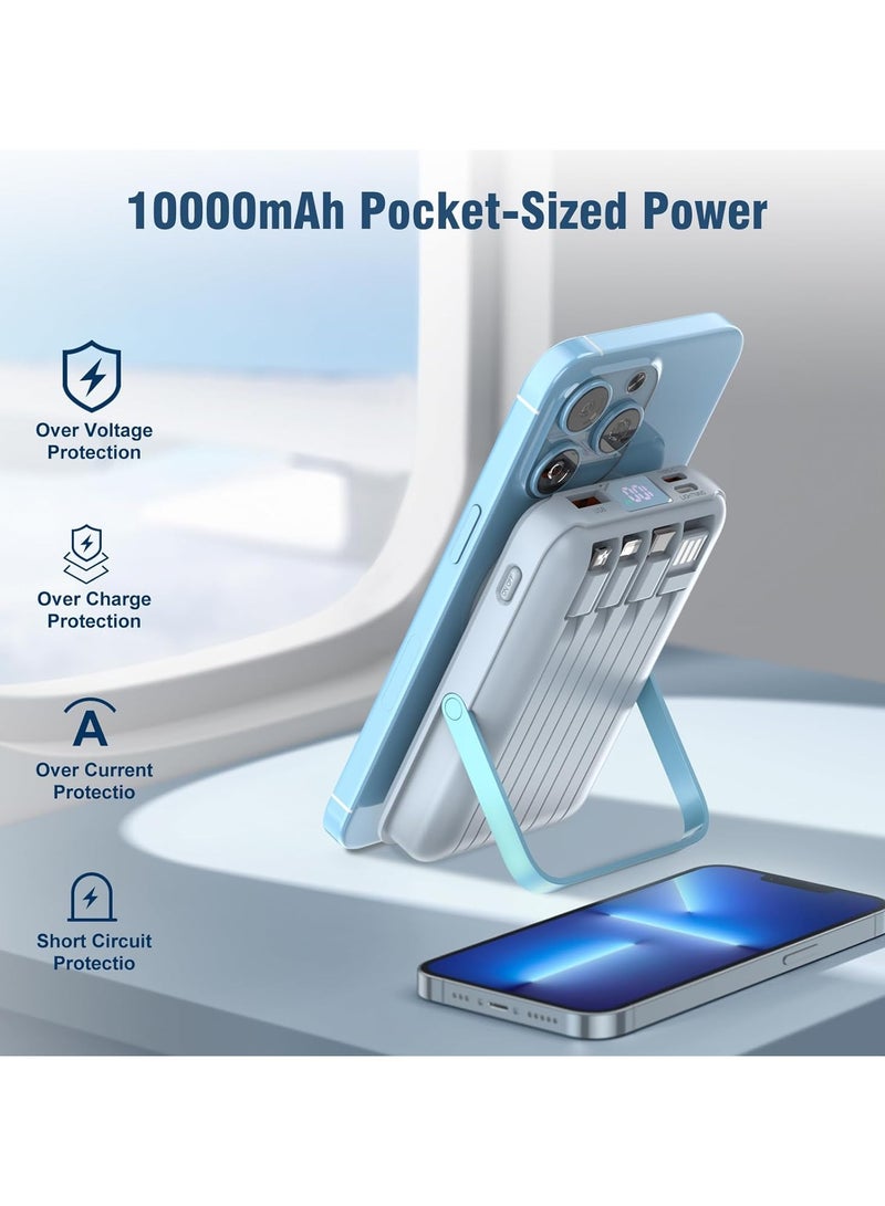 Lommyka Wireless Portable 3-in-1 Charger 10000mAh, Magnetic Power Bank, Built-in Cable LED Display with Stand 22.5W PD Fast Charging for iPhone 16/15/14/13/12/Pro/Mini/Pro Max (Blue) - Image 1
