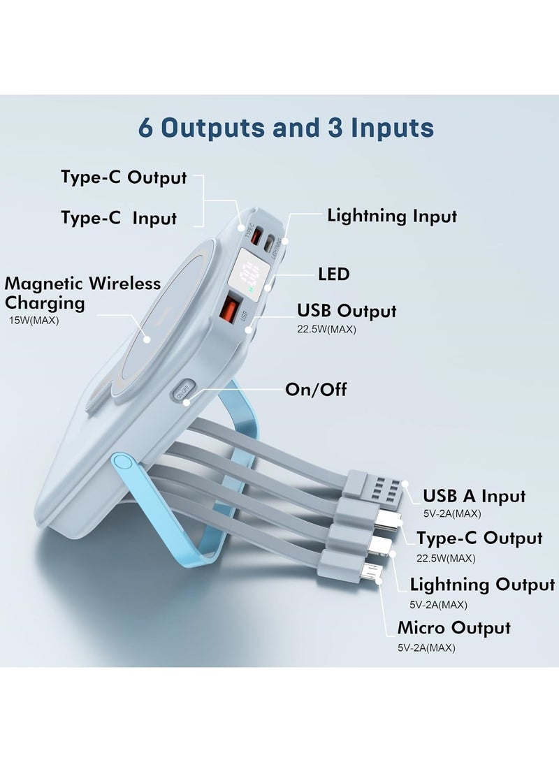 Lommyka Wireless Portable 3-in-1 Charger 10000mAh, Magnetic Power Bank, Built-in Cable LED Display with Stand 22.5W PD Fast Charging for iPhone 16/15/14/13/12/Pro/Mini/Pro Max (Blue) - Image 2