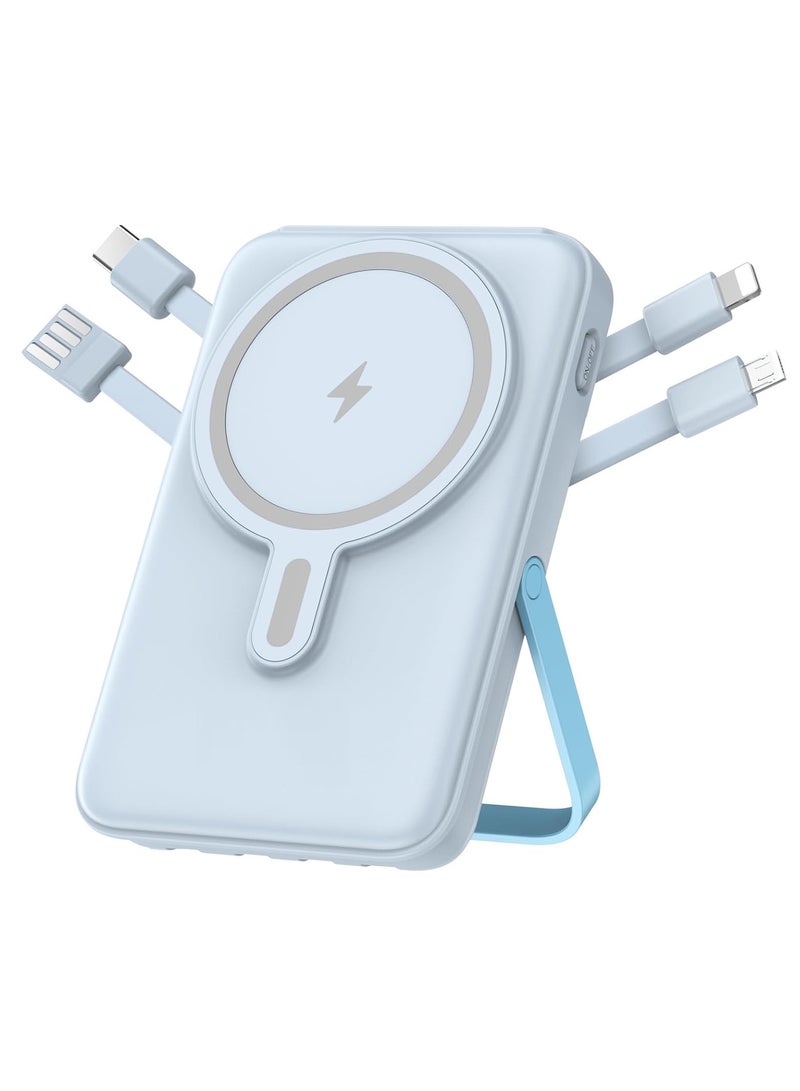 Lommyka Wireless Portable 3-in-1 Charger 10000mAh, Magnetic Power Bank, Built-in Cable LED Display with Stand 22.5W PD Fast Charging for iPhone 16/15/14/13/12/Pro/Mini/Pro Max (Blue) - Image 3