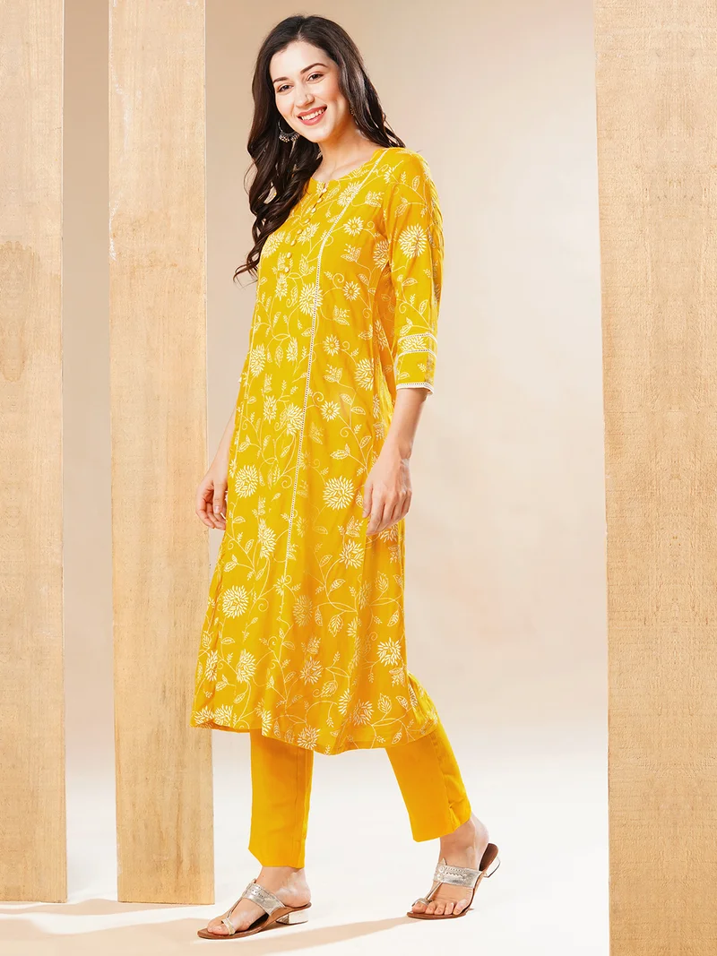 globus Women Yellow & White Floral Printed Panelled A-Line Kurta With Trousers