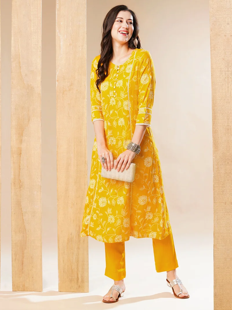 globus Women Yellow & White Floral Printed Panelled A-Line Kurta With Trousers
