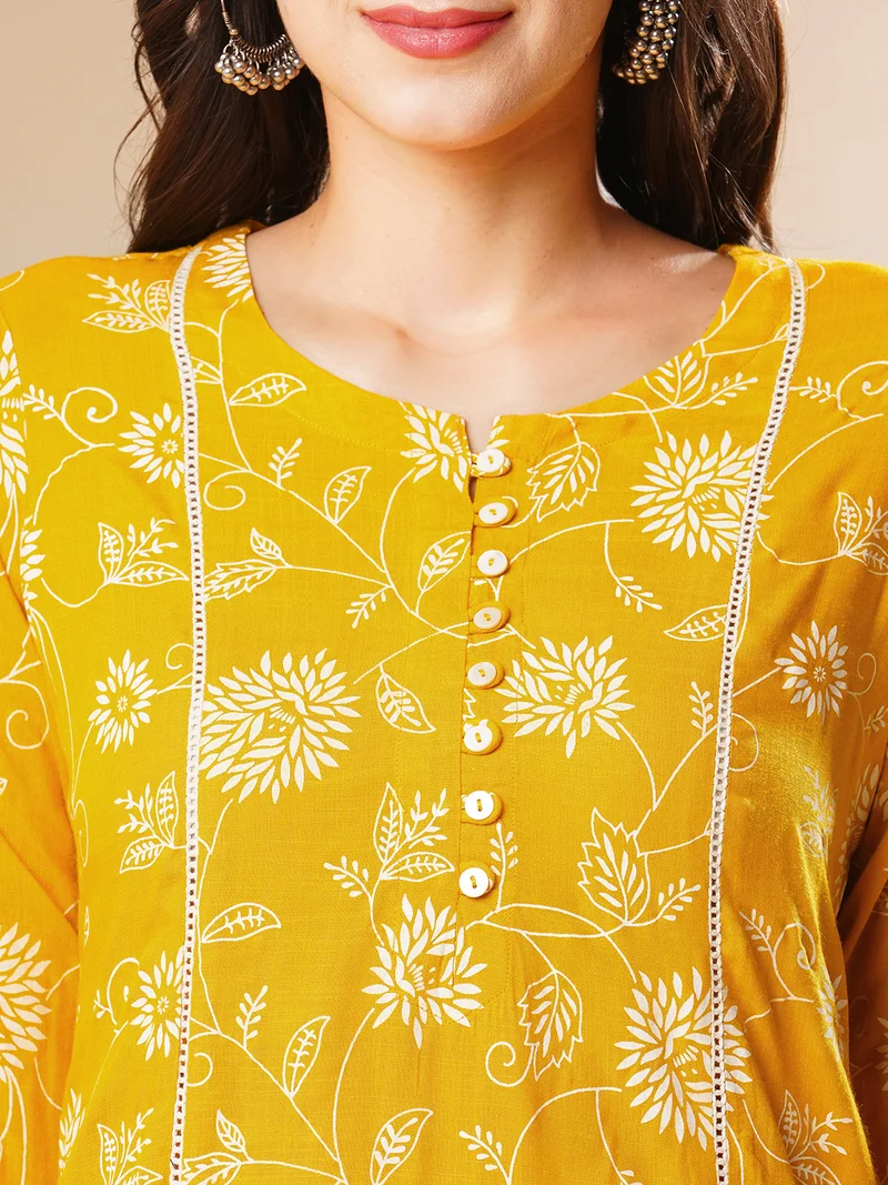 globus Women Yellow & White Floral Printed Panelled A-Line Kurta With Trousers