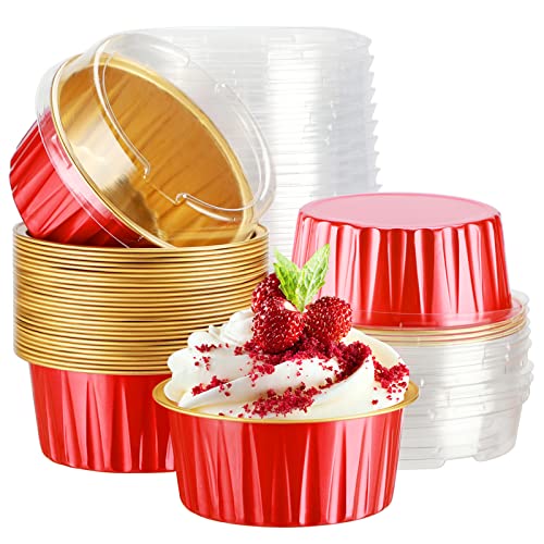 EUSOAR Dessert Cups with Lids 30pcs 5oz Disposable Aluminum Tin Foil Ramekins Cupcake Baking Cups Containers Wrappers with Lids Mini Aluminum Cheesecake Pan Creme Brulee RamekinsRedGold