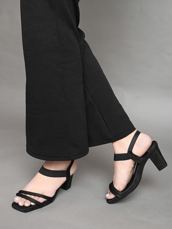XE Looks Women's Black Block Heel Sandals | Elegant Strappy Design | Square Toe with Cushioned Footbed | Lightweight & Stylish Heel Sandals For Girls & Women - Image 4