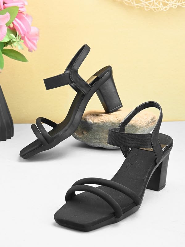 XE Looks Women's Black Block Heel Sandals | Elegant Strappy Design | Square Toe with Cushioned Footbed | Lightweight & Stylish Heel Sandals For Girls & Women - Image 2