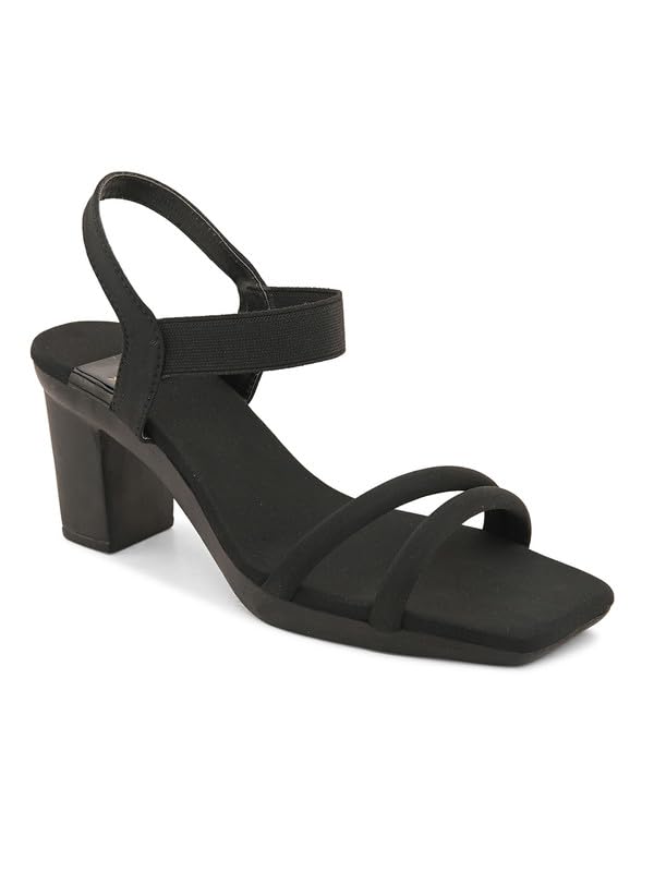XE Looks Women's Black Block Heel Sandals | Elegant Strappy Design | Square Toe with Cushioned Footbed | Lightweight & Stylish Heel Sandals For Girls & Women - Image 5