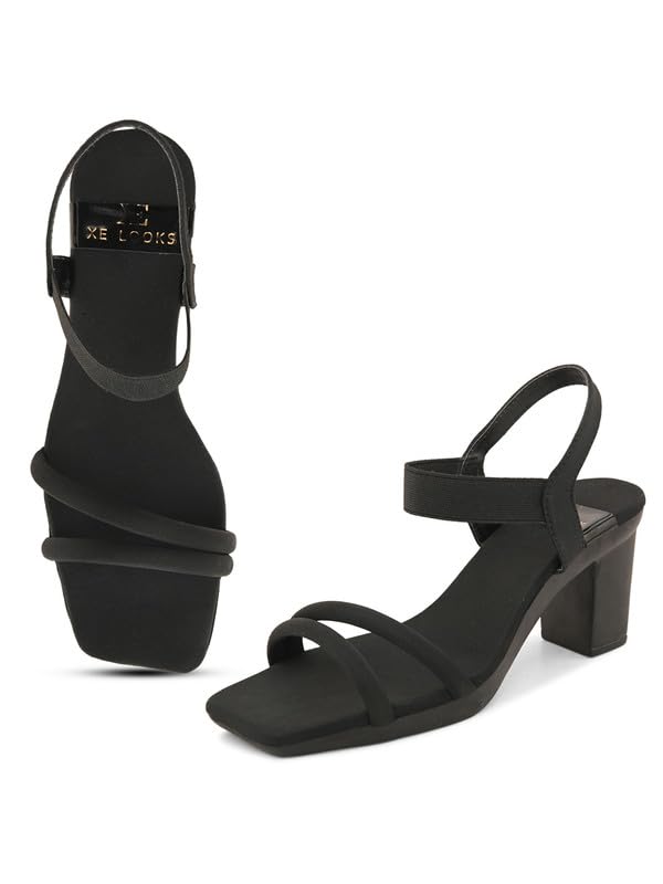 XE Looks Women's Black Block Heel Sandals | Elegant Strappy Design | Square Toe with Cushioned Footbed | Lightweight & Stylish Heel Sandals For Girls & Women - Image 1