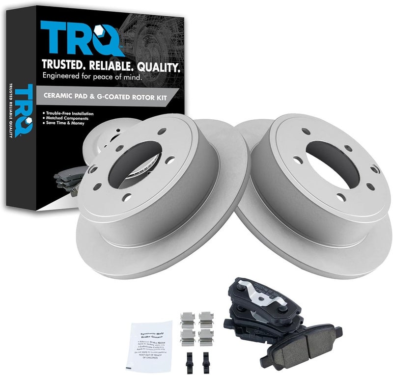 TRQ Rear Brake Pad & Rotor Set Ceramic G Coated Compatible with 2007-2017 Jeep Patriot Compass 2008-2014 Dodge Avenger Caliber 2011-2014 Chrysler 200 2007-2010 Sebring 2008-2017 Mitsubishi Lancer - Image 1