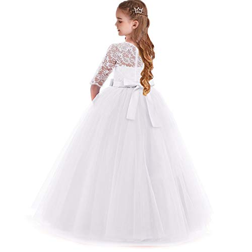 HIHCBF Flower Girls 3/4 Sleeves Lace Tulle A-Line Dress Floor Length Pageant Party Wedding Maxi Evening Dance Prom Ball Gown White 13-14T - Image 2