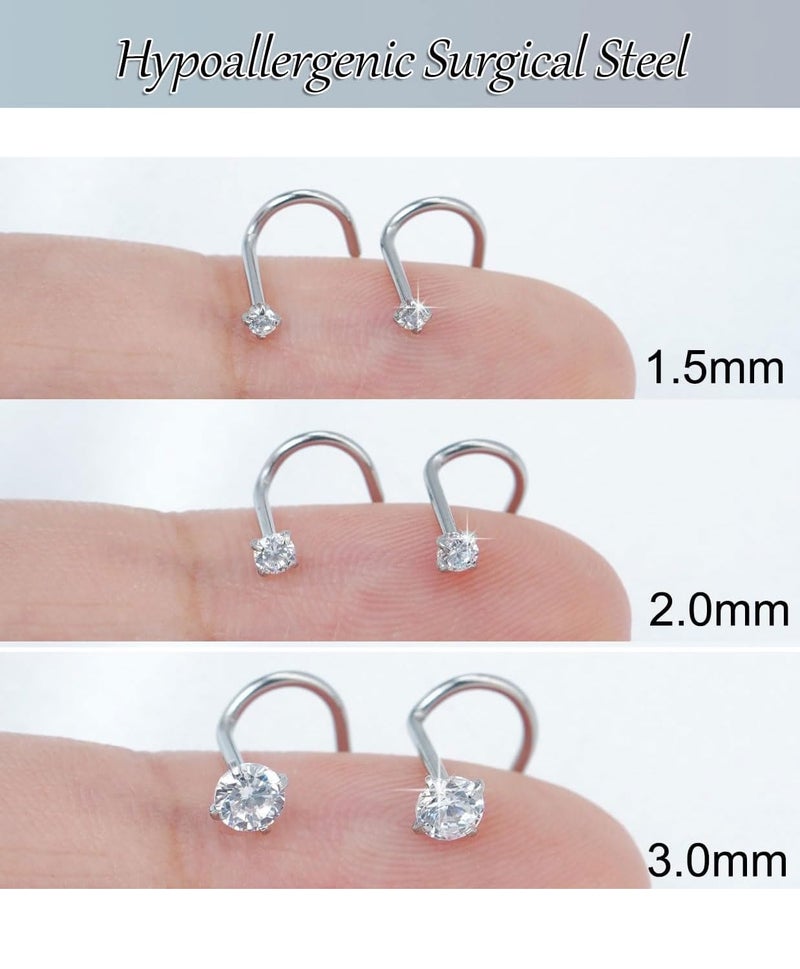 AMASIS Nose Rings Studs: 9Pcs 18g Silver 316L Surgical Stainless Steel Nose Studs Hypoallergenic L Shape/Corkscrew/Straight Nose Piercing Stud Jewelry for Women Men Clear Cubic Zirconia Imitation Diamond Top Size 1.5mm 2mm 3mm - Image 5