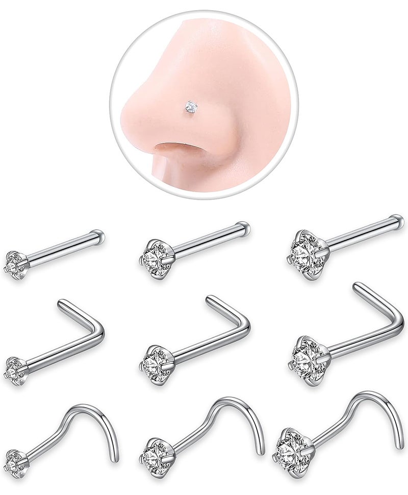 AMASIS Nose Rings Studs: 9Pcs 18g Silver 316L Surgical Stainless Steel Nose Studs Hypoallergenic L Shape/Corkscrew/Straight Nose Piercing Stud Jewelry for Women Men Clear Cubic Zirconia Imitation Diamond Top Size 1.5mm 2mm 3mm - Image 1