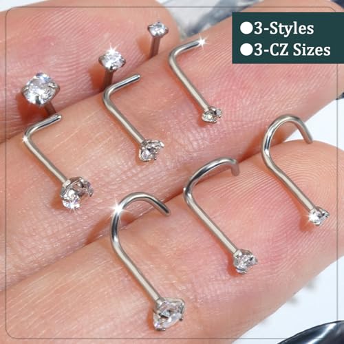 AMASIS Nose Rings Studs: 9Pcs 18g Silver 316L Surgical Stainless Steel Nose Studs Hypoallergenic L Shape/Corkscrew/Straight Nose Piercing Stud Jewelry for Women Men Clear Cubic Zirconia Imitation Diamond Top Size 1.5mm 2mm 3mm - Image 3