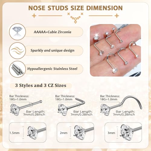 AMASIS Nose Rings Studs: 9Pcs 18g Silver 316L Surgical Stainless Steel Nose Studs Hypoallergenic L Shape/Corkscrew/Straight Nose Piercing Stud Jewelry for Women Men Clear Cubic Zirconia Imitation Diamond Top Size 1.5mm 2mm 3mm - Image 2